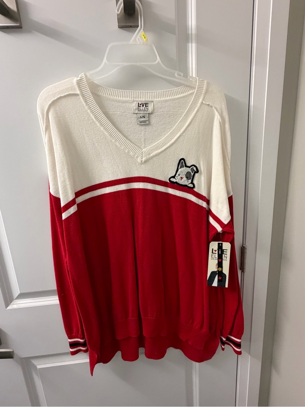 Ellen Red and White V-Neck Pullover with Dog Patch